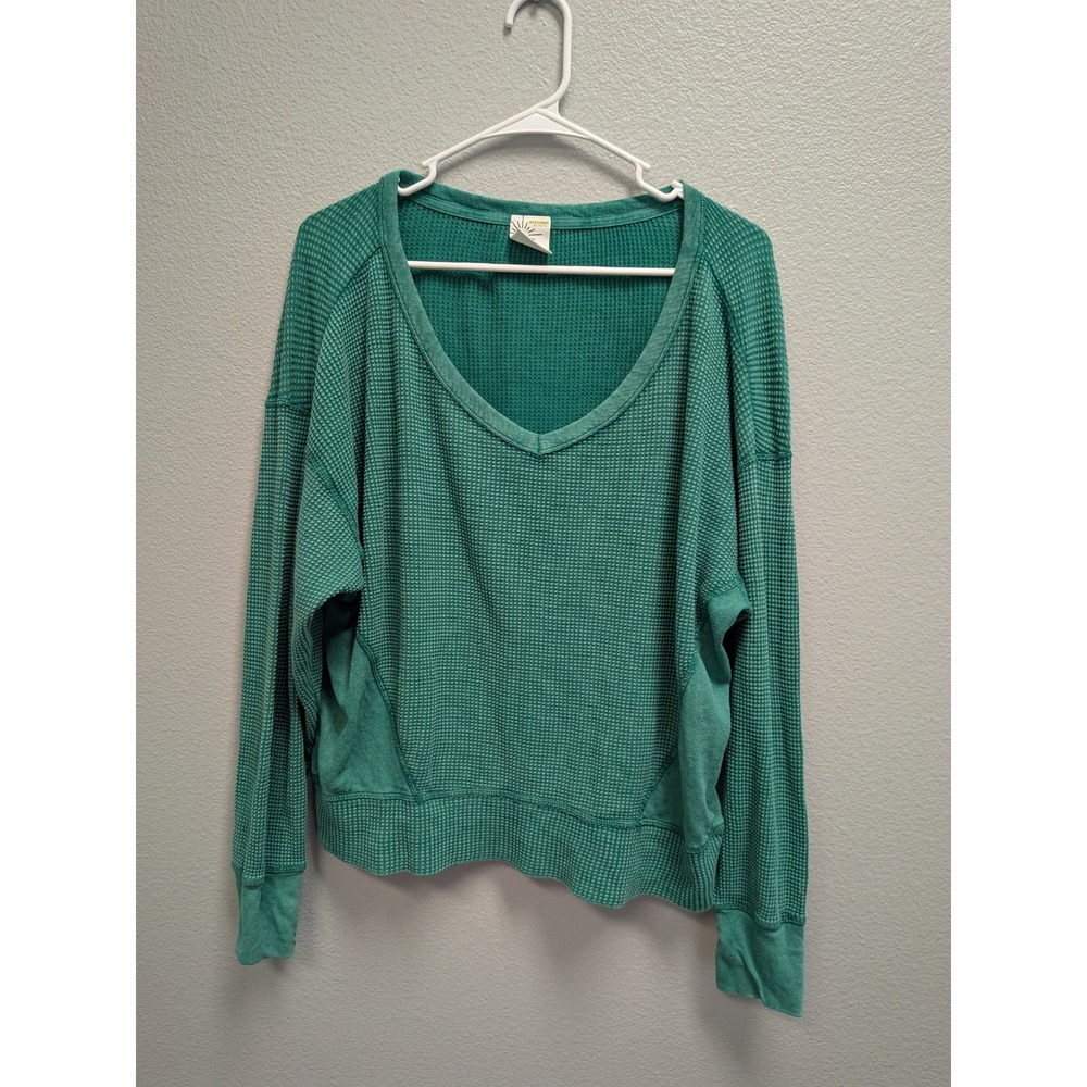 OFFLINE‎ by Aerie Womens XS Teal Waffle Knit V-Neck Thumbhole Pullover Top